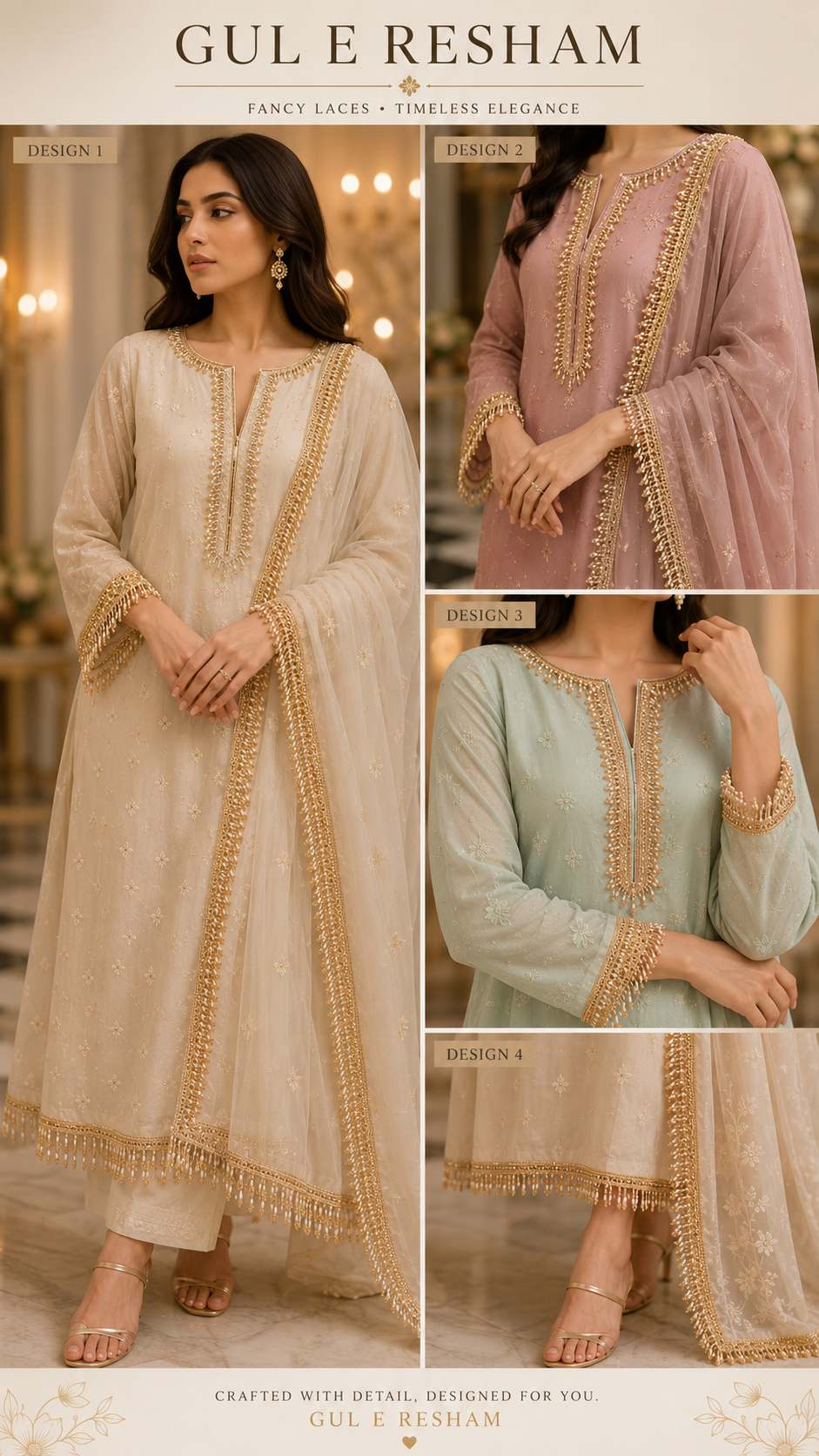 Light gold with pearl work crystals hanging lace