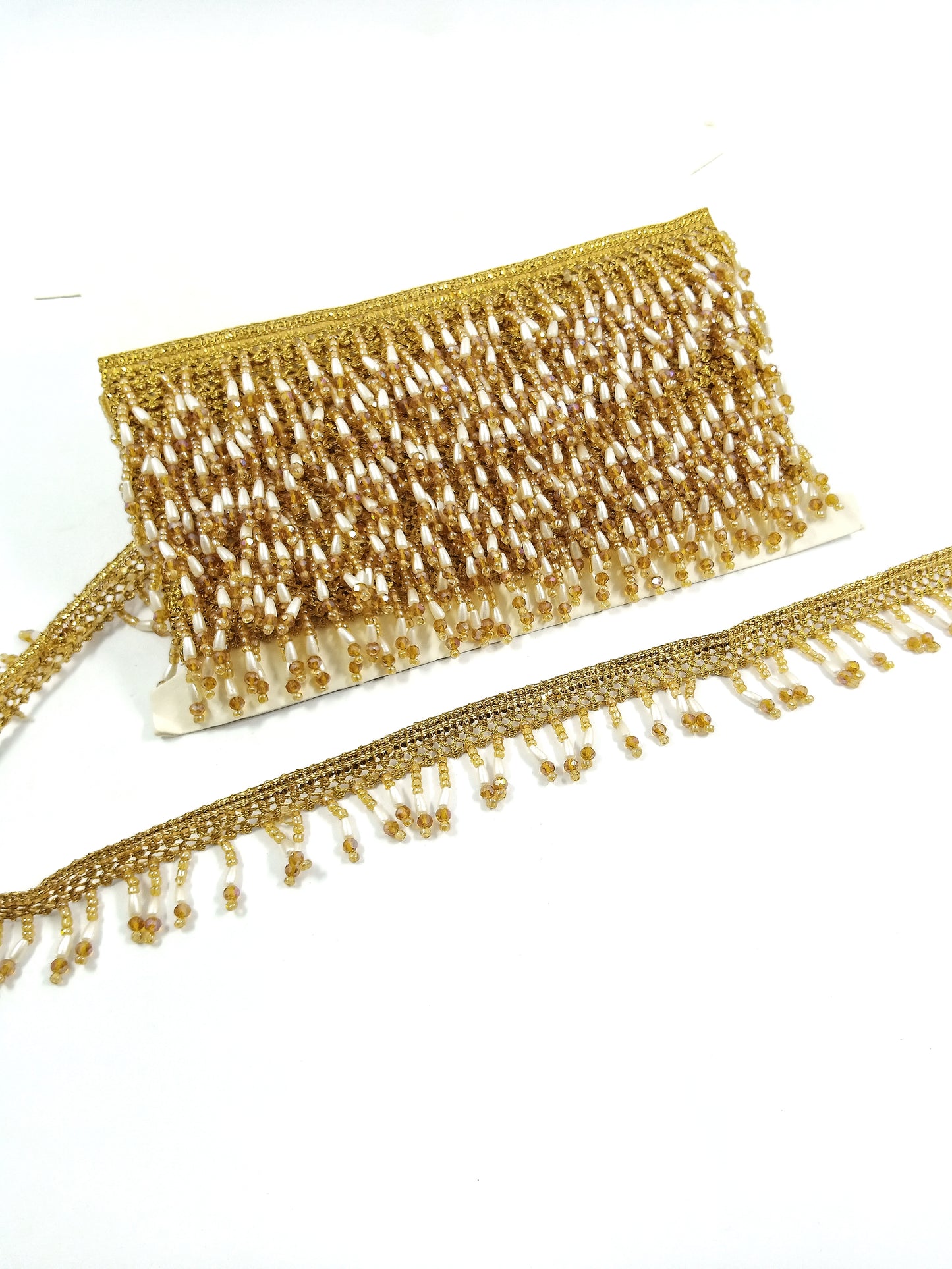 Gold & Pearl Drop Crystal Fringe Trim