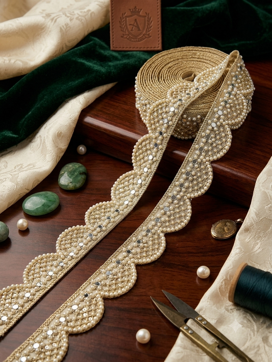 Ivory Pearl & Mirror Scallop Lace Trim — Wide Version
