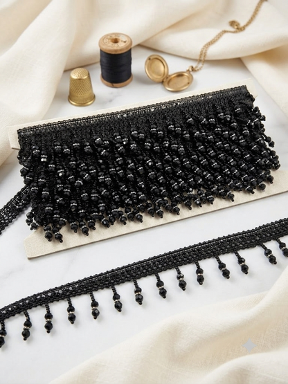 Jet Black Crystal Beaded Fringe Trim