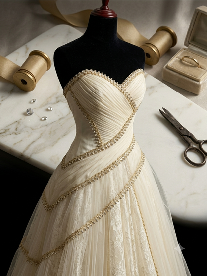 Metallic gold (double shaded) lace trim with rhinestones.