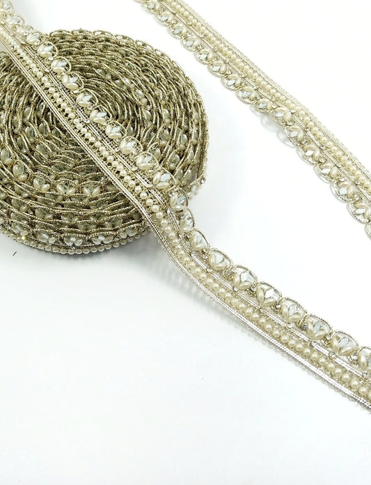 Silver Pearl & Kundan Leaf Trim — Narrow