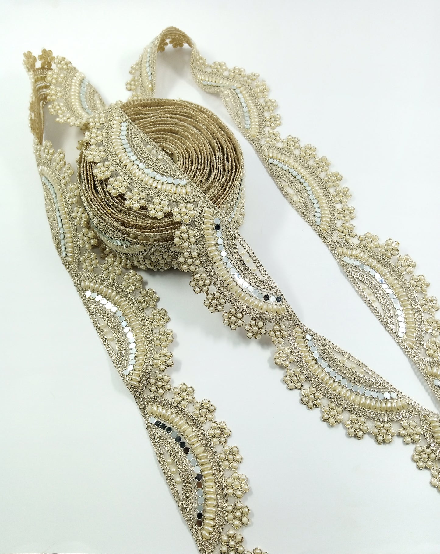 Champagne Pearl, Sequin & Mirror Wave Lace Trim