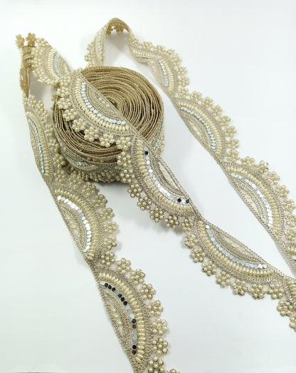 Matt gold Pearl, Sequin & Mirror Wave Lace Trim