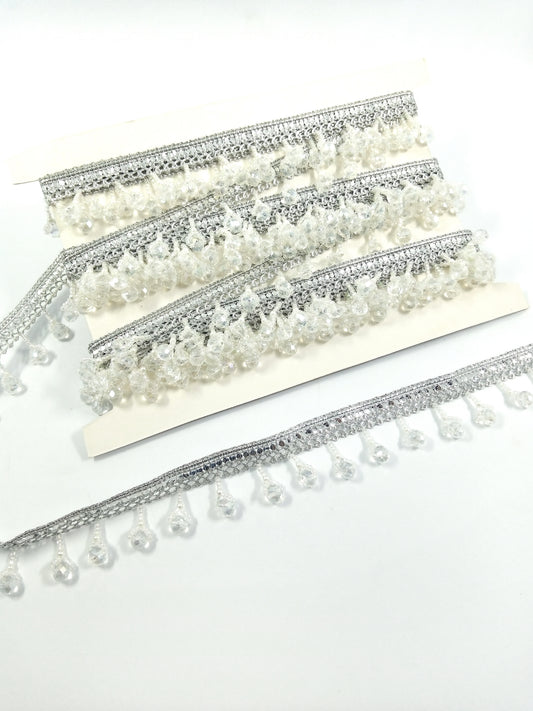 White Crystal Cluster Fringe Lace Trim