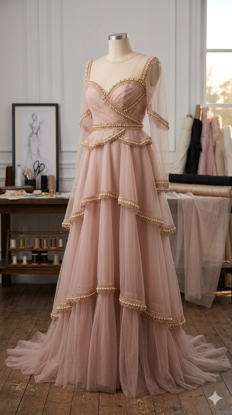Sleek Rose Gold Scallop Lace with Pearls