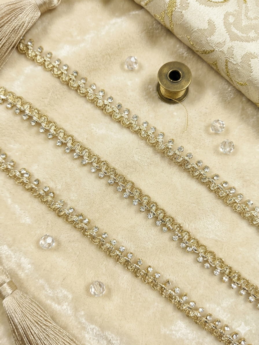 Metallic gold (double shaded) lace trim with rhinestones.