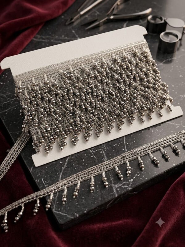 Gray metallic braided fringe trim crystal beads.