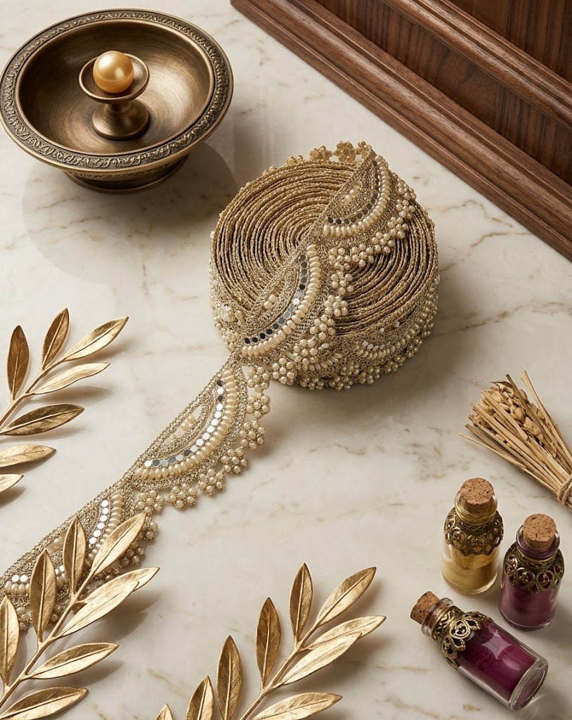 Matt gold Pearl, Sequin & Mirror Wave Lace Trim