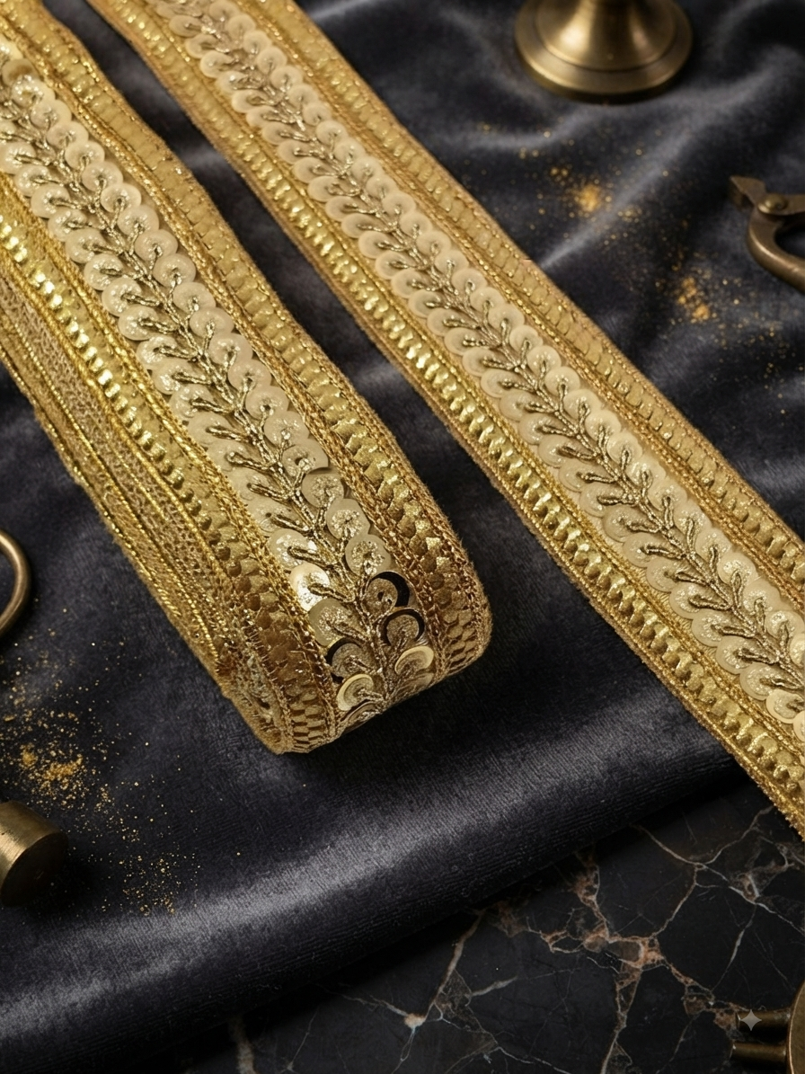 Gold Golden Sequin & Vine Embroidered Border Lace