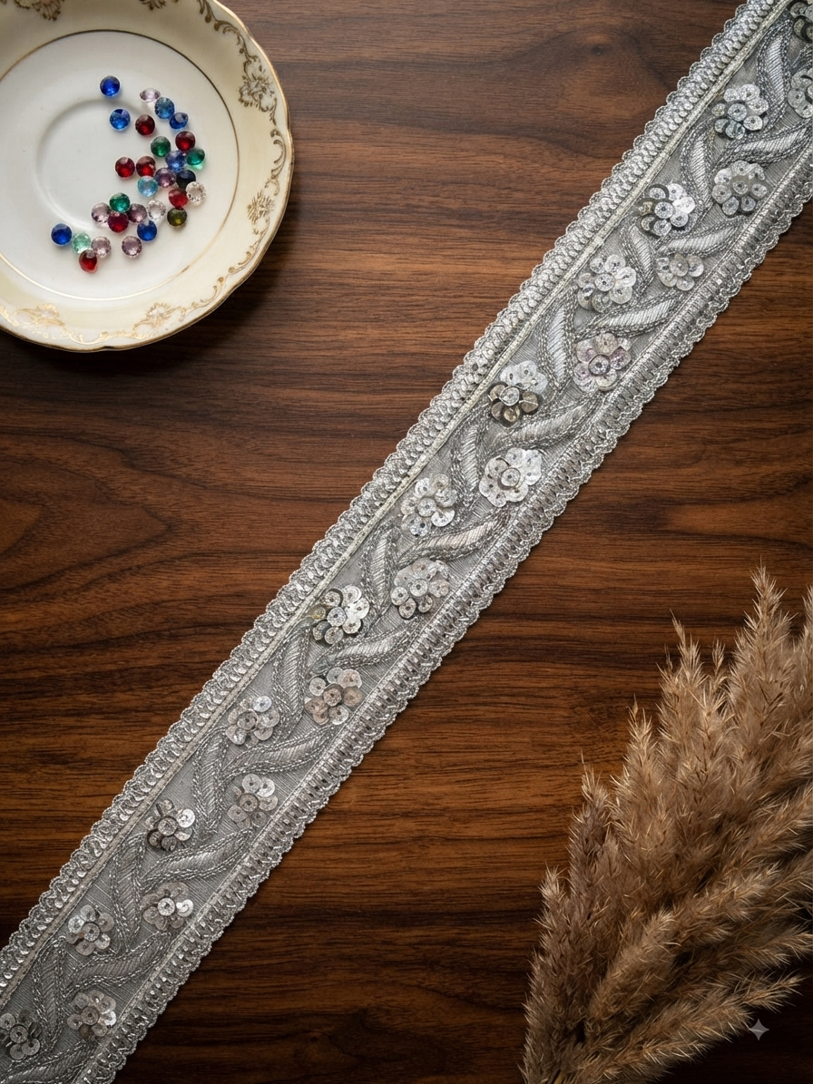 Luxurious Silver Floral Sequin Embroidered Net Lace Border