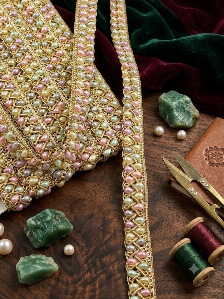 light multi with matt gold sleek pearl work lace
