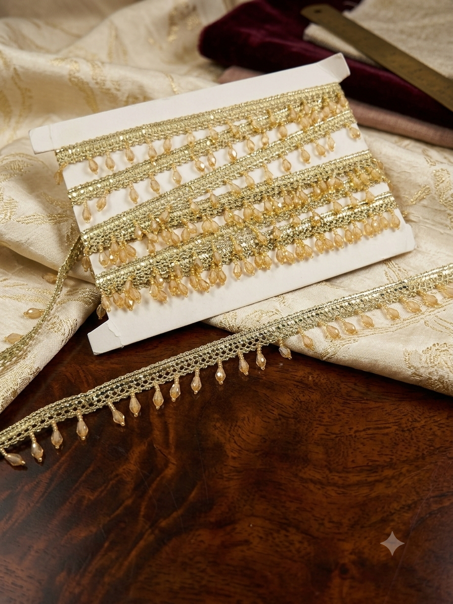 Light golden braided trim teardrop beads.