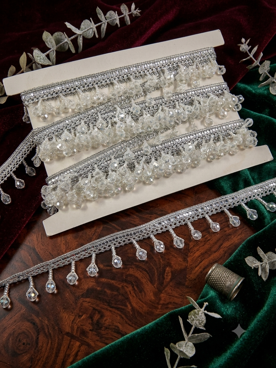 silver Crystal Cluster Fringe Lace Trim