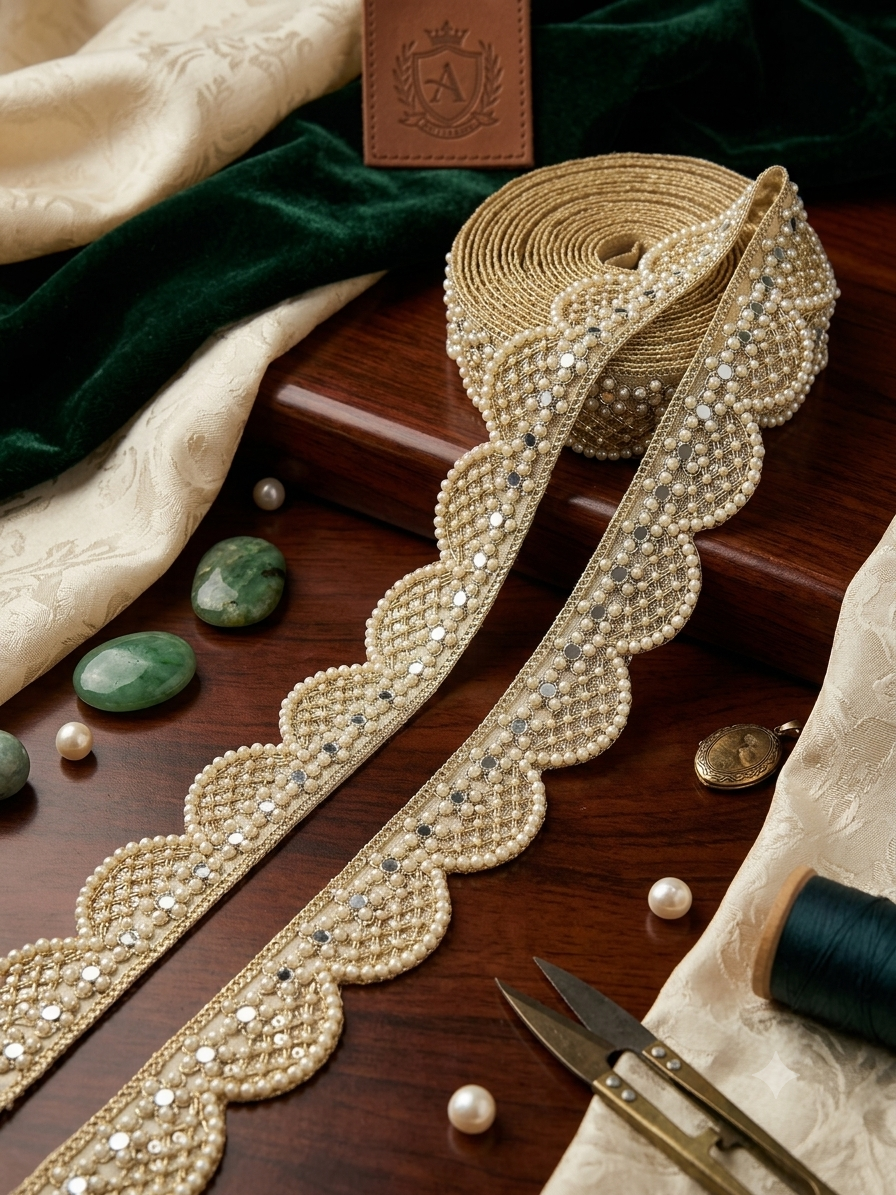 Ivory Pearl & Mirror Scallop Lace Trim — Wide Version