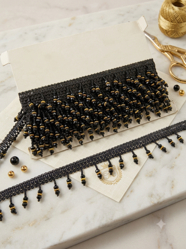Black golden beaded fringe trim lace.