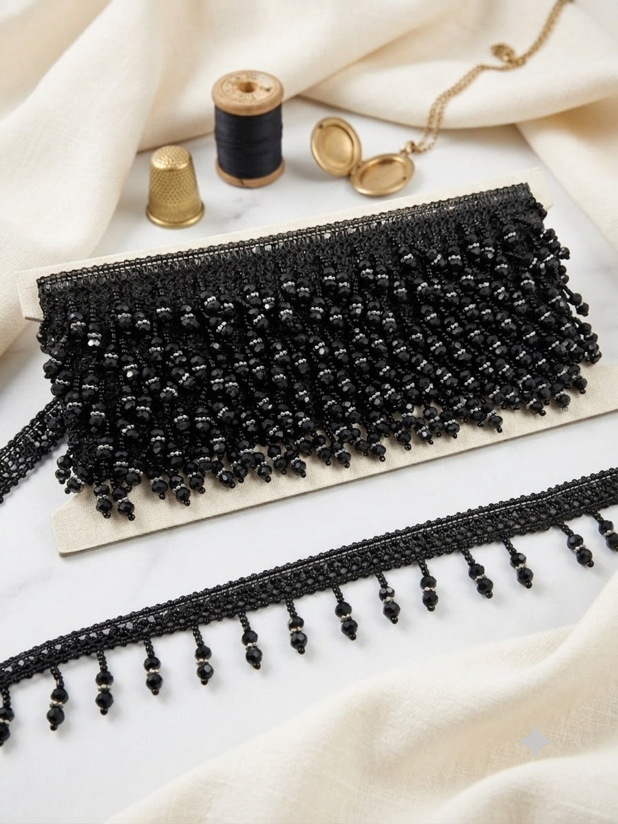 Jet Black Crystal Beaded Fringe Trim