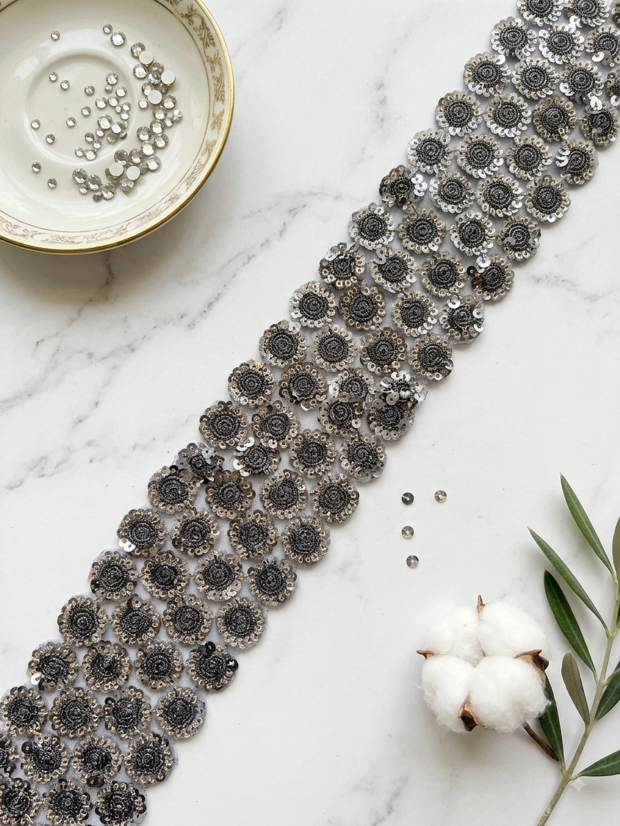 Heavy Gray Work Sequin Border Trim for Sarees & Lehengas