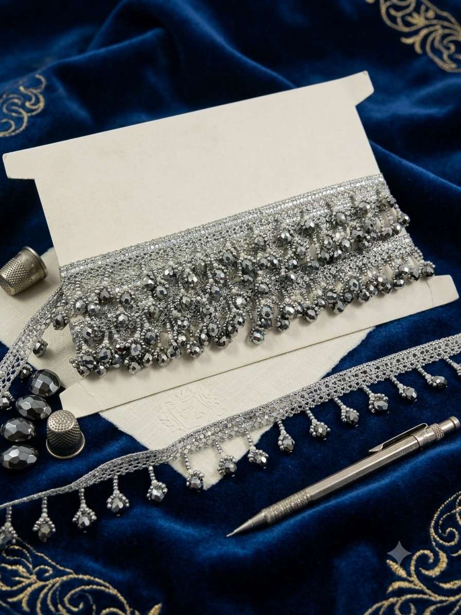 Gray Metallic Crystal Bead Fringe Trim