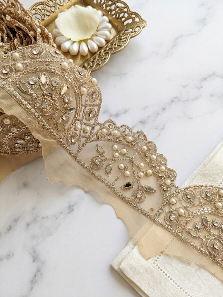 Rose Gold or champagne color fancy scallop cutwork lace
