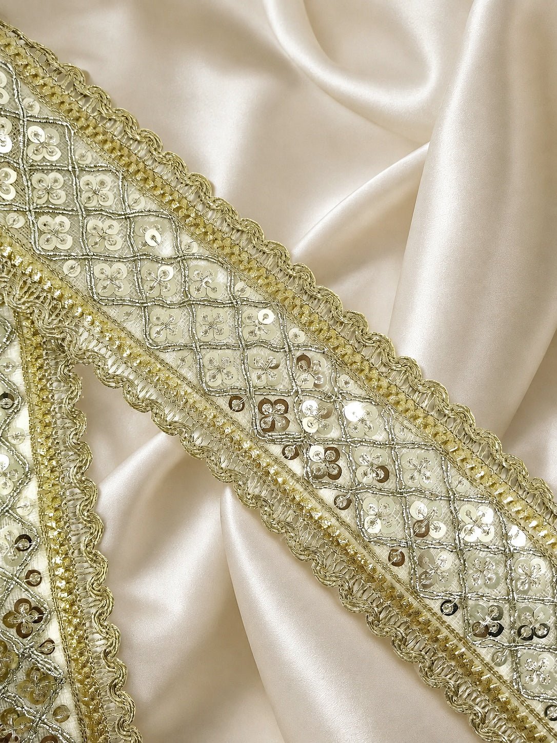 Premium Light Gold Sequined Net Lace Border with Scalloped Edges