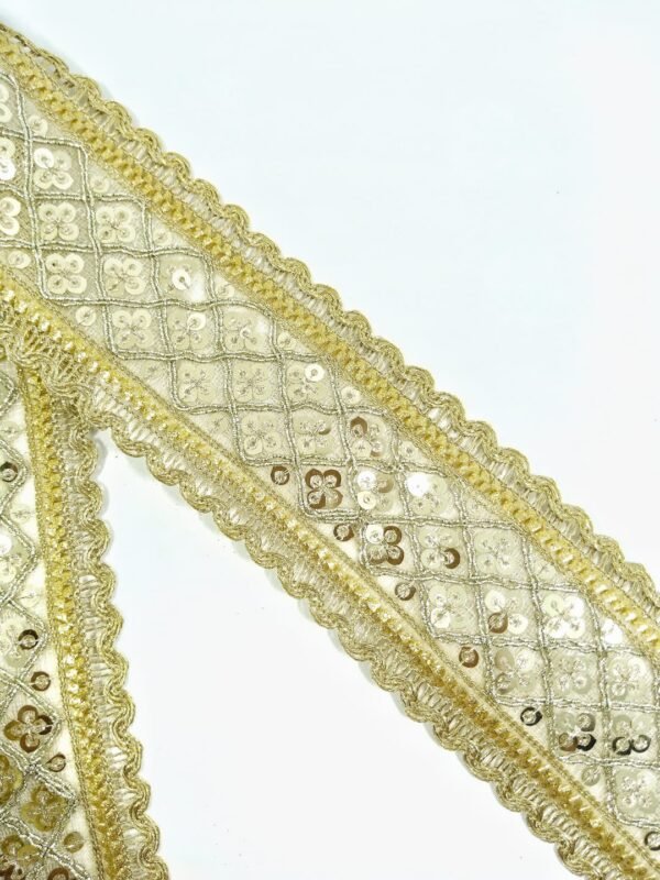 Premium Light Gold Sequined Net Lace Border with Scalloped Edges
