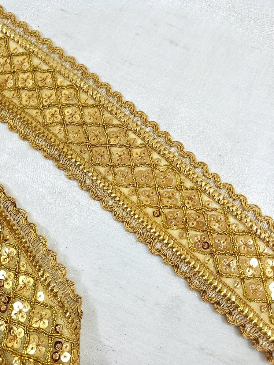 Premium Gold Golden Sequined Net Lace Border with Scalloped Edges