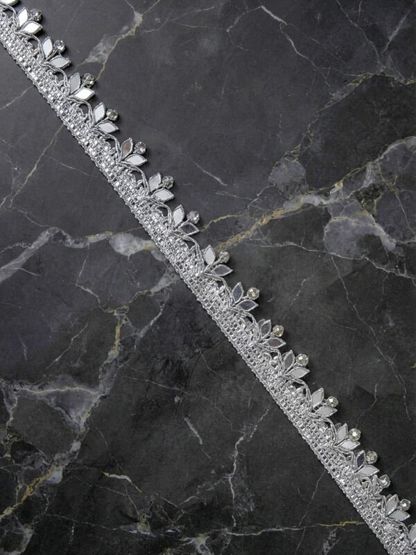Elegant Silver Rhinestone & Mirror Embroidered Lace Trim