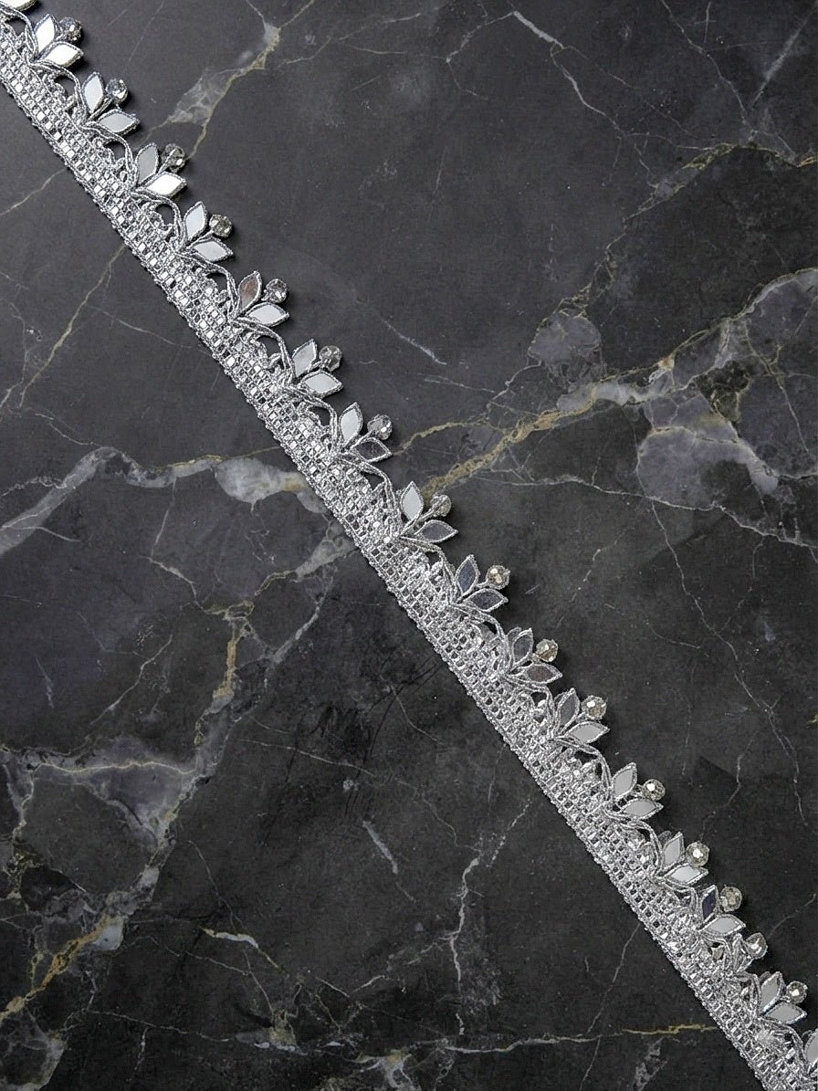Elegant Silver Rhinestone & Mirror Embroidered Lace Trim