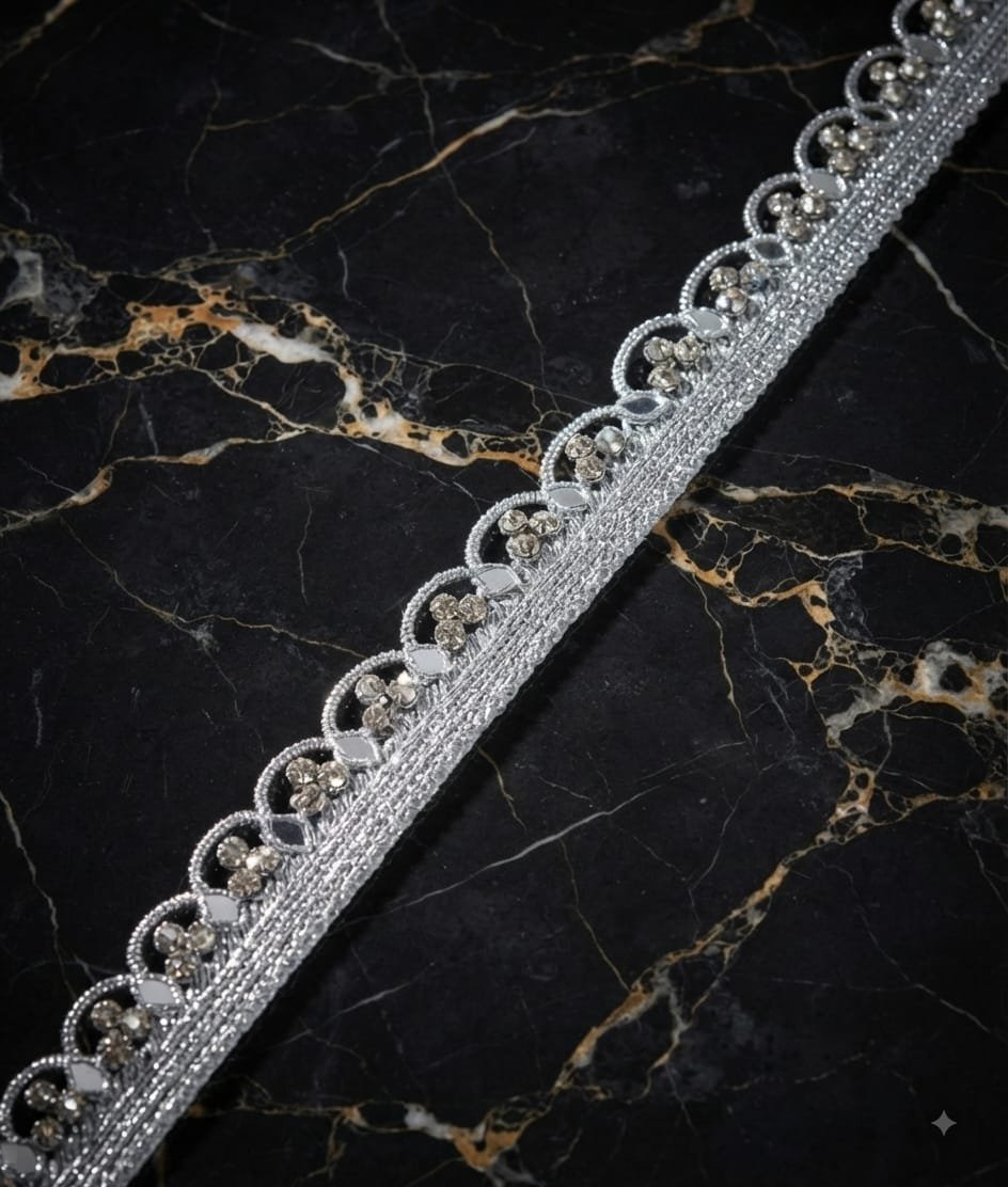 Silver Mirror & Rhinestone rounded cutwork Lace