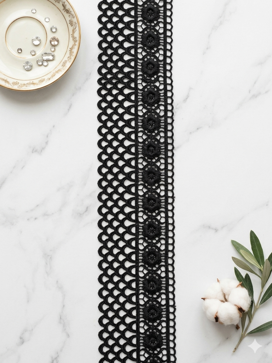 Vintage Black Medallion and Scalloped Mesh Crochet Lace Trim