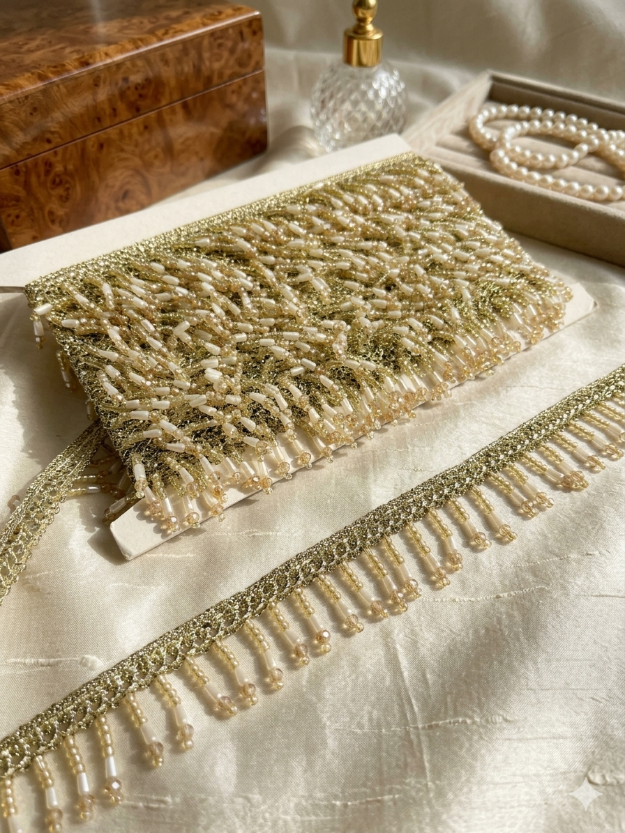Light gold with pearl work crystals hanging lace