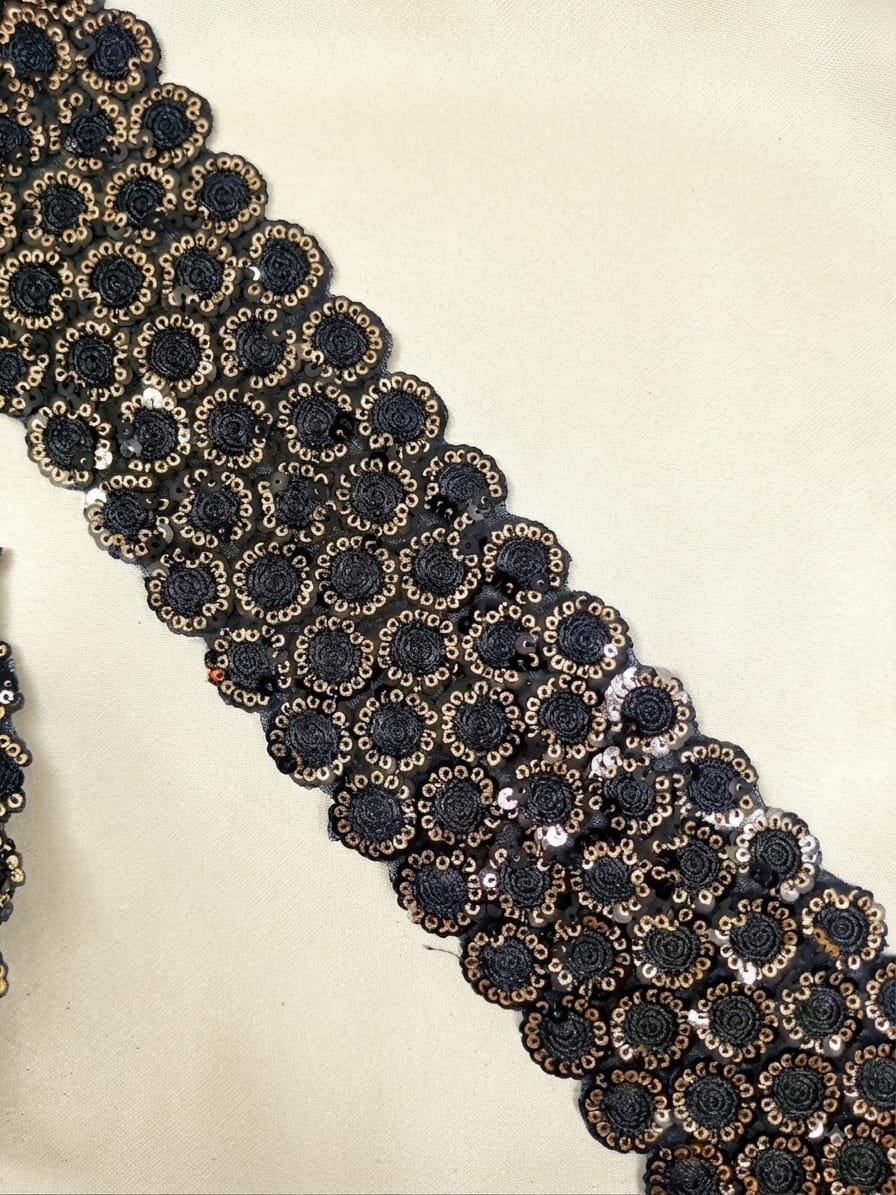 Heavy Black Golden Work Sequin Border Trim for Sarees & Lehengas