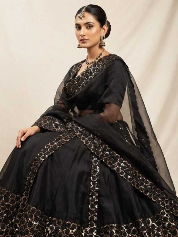 Heavy Black Golden Work Sequin Border Trim for Sarees & Lehengas